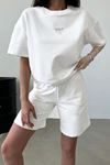 Ugly T-shirt Şort - Beyaz Alt Üst Kombin Şort Tişört Takım Baskılı Oversize Bisiklet Yaka