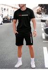 Newyork Çizgi T-Shirt Şort - Siyah Alt Üst Kombin Şort Tişört Takım Baskılı Oversize Bisiklet Yaka