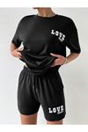 Love Yourself T-shirt Şort - Siyah Alt Üst Kombin Şort Tişört Takım Baskılı Oversize Bisiklet Yaka