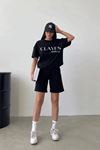 Studio T-Shirt Şort - Siyah Alt Üst Kombin Şort Tişört Takım Baskılı Oversize Bisiklet Yaka