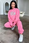 Usa Eşofman Takımı Sweatshirt Jogger - Pembe Baskılı Oversize Şardonlu Kapüşonlu