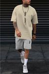 Dikey T-Shirt Şort - Vizon Gri Alt Üst Kombin Şort Tişört Takım Baskılı Oversize Bisiklet Yaka