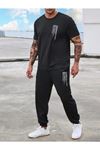 Chinese T-shirt Eşofman Altı Jogger- Siyah Baskılı Alt Üst Eşofman Takım Oversize Bisiklet Yaka