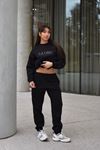 Eşofman Takımı Sweatshirt Jogger - Siyah Baskılı Oversize Şardonlu Bisiklet Yaka