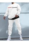 Paris Çizgili Eşofman Takımı Sweatshirt Jogger - Beyaz Baskılı Oversize Şardonlu Bisiklet Yaka