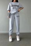 California Tenis T-shirt Eşofman Altı Jogger- Gri Baskılı Alt Üst Eşofman Takım Oversize Bisiklet Yaka
