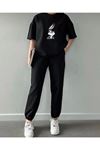 Bugs Bunny T-shirt Eşofman Altı Jogger - Siyah Baskı Alt Üst Eşofman Takımı Oversize Bisiklet Yaka