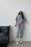 Balance Boston T-shirt Eşofman Altı Jogger- Gri Baskı Alt Üst Eşofman Takımı Oversize Bisiklet Yaka