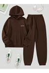California Minimal Yazı Eşofman Takımı Sweatshirt Jogger - Kahve Baskılı Oversize Şardonlu Kapüşonlu