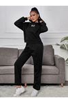 Çift Kelebek Eşofman Takımı Sweatshirt Jogger - Siyah Baskılı Oversize Şardonlu Kapüşonlu