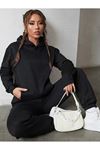 Basic Düz Takımı Sweatshirt Jogger - Siyah Oversize Şardonlu Kapüşonlu