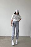 California Usa Beyaz T-shirt Gri Eşofman Altı Jogger - Baskılı Alt Üst Takım Oversize Bisiklet Yaka