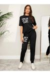 The Stars Ribana 2li T-shirt Eşofman Altı Jogger- Siyah Alt Üst Eşofman Takım Oversize Bisiklet Yaka