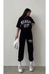Michigan 1975 T-Shirt Eşofman Altı Jogger- Siyah Baskı Alt Üst Eşofman Takımı Oversize Bisiklet Yaka