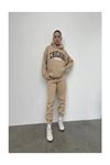 Chicago Eşofman Takımı Sweatshirt Jogger - Bej Baskılı Oversize Şardonlu Kapüşonlu