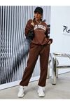 Los Angeles Eşofman Takımı Sweatshirt Jogger - Kahverengi Baskılı Oversize Şardonlu Bisiklet Yaka