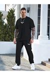 Wings T-shirt Eşofman Altı Jogger- Siyah Baskılı Alt Üst Eşofman Takım Oversize Bisiklet Yaka