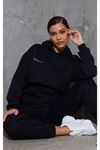 Established Eşofman Takımı Sweatshirt Jogger - Siyah Baskılı Oversize Şardonlu Kapüşonlu Lastik Paça