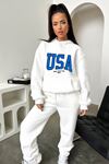 Eşofman Takımı Sweatshirt Jogger - Beyaz Baskılı Oversize Şardonlu Kapüşonlu