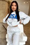 Usa Eşofman Takımı Sweatshirt Jogger - Gri Baskılı Oversize Şardonlu Kapüşonlu