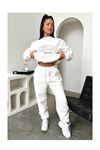 Chicago Eşofman Takımı Sweatshirt Jogger - Beyaz Baskılı Oversize Şardonlu Kapüşonlu