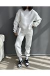 Baskısız Eşofman Takımı Sweatshirt Jogger - Beyaz Oversize Şardonlu Bisiklet Yaka
