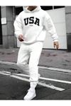 Usa 1984 %100 Pamuk Eşofman Takımı - Beyaz Baskılı Kışlık Polarlı Kapüşonlu