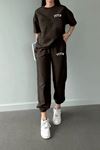 Fetch T-shirt Eşofman Altı Jogger - Kahverengi Baskı Alt Üst Eşofman Takımı Oversize Bisiklet Yaka