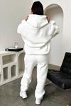 Basic Düz Eşofman Takımı Sweatshirt Jogger - Beyaz Oversize Şardonlu Kapüşonlu