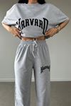 Harvard T-shirt Eşofman Altı Jogger- Gri Baskılı Alt Üst Eşofman Takım Oversize Bisiklet Yaka