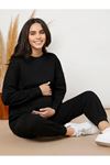 Basic Düz Eşofman Takımı Sweatshirt Jogger - Siyah Oversize Şardonlu Bisiklet Yaka