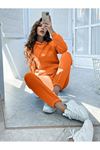 Basic Düz Takımı Sweatshirt Jogger - Turuncu Oversize Şardonlu Kapüşonlu
