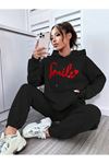 Smile Eşofman Takımı Sweatshirt Jogger - Siyah Baskılı Oversize Şardonlu Kapüşonlu