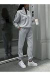 Basic Düz Fermuarlı Eşofman Takımı Sweatshirt Jogger - Gri Oversize Şardonlu Dik Yaka