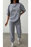 1975 T-Shirt Eşofman Altı Jogger- Gri Baskı Alt Üst Eşofman Takımı Oversize Bisiklet Yaka