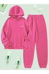 California Yazılı Eşofman Takımı Sweatshirt Jogger - Pembe Baskılı Oversize Şardonlu Kapüşonlu