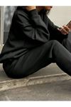 Basic Düz Fermuarlı Eşofman Takımı Sweatshirt Jogger - Siyah Oversize Şardonlu Dik Yaka