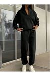 Basic Düz Fermuarlı Eşofman Takımı Sweatshirt Jogger - Siyah Oversize Şardonlu Dik Yaka