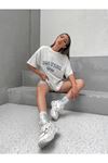 Palm Springs T-shirt - Gri Baskılı Oversize Bisiklet Yaka Kısa Kol Tişört