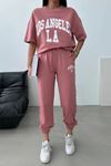 Los Angeles T-shirt Eşofman Altı Jogger- Pembe Baskılı Alt Üst Eşofman Takım Oversize Bisiklet Yaka