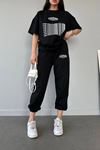 Couture Club T-shirt Eşofman Altı Jogger- Siyah Baskılı Alt Üst Eşofman Takım Oversize Bisiklet Yaka
