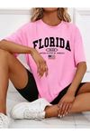 Florida Usa Flag T-Shirt - Pembe Oversize Baskılı Bisiklet Yaka