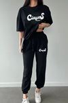 Series T-shirt Eşofman Altı Jogger- Siyah Baskı Alt Üst Eşofman Takımı Oversize Bisiklet Yaka