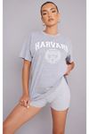 Gri Oversize Harvard T-shirt - Oversize Baskılı