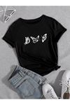 Uçan Kelebekler Süprem T-Shirt - Siyah Baskılı Oversize Bisiklet Yaka Kısa Kol Tişört