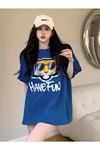 Have Fun Gözlüklü Figür T-shirt - Lacivert Baskılı Oversize Bisiklet Yaka Kısa Kol Tişört