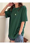 Kadın Yeşil Oversize Ördek Baskılı T-shirt - Oversize Baskılı