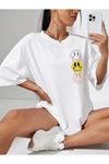 Emoji T-Shirt - Beyaz Baskılı Oversize Bisiklet Yaka Kısa Kol