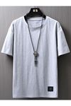 Erkek Gri Oversize Küçük Baskılı T-shirt