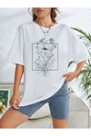 Floral Desen T-shirt - Beyaz Baskılı Oversize Bisiklet Yaka Kısa Kol Tişört
